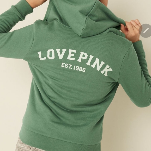 VS PINK GREEN SHERPA EVERYDAY LOUNGE PERFECT FULL-ZIP HOODIE